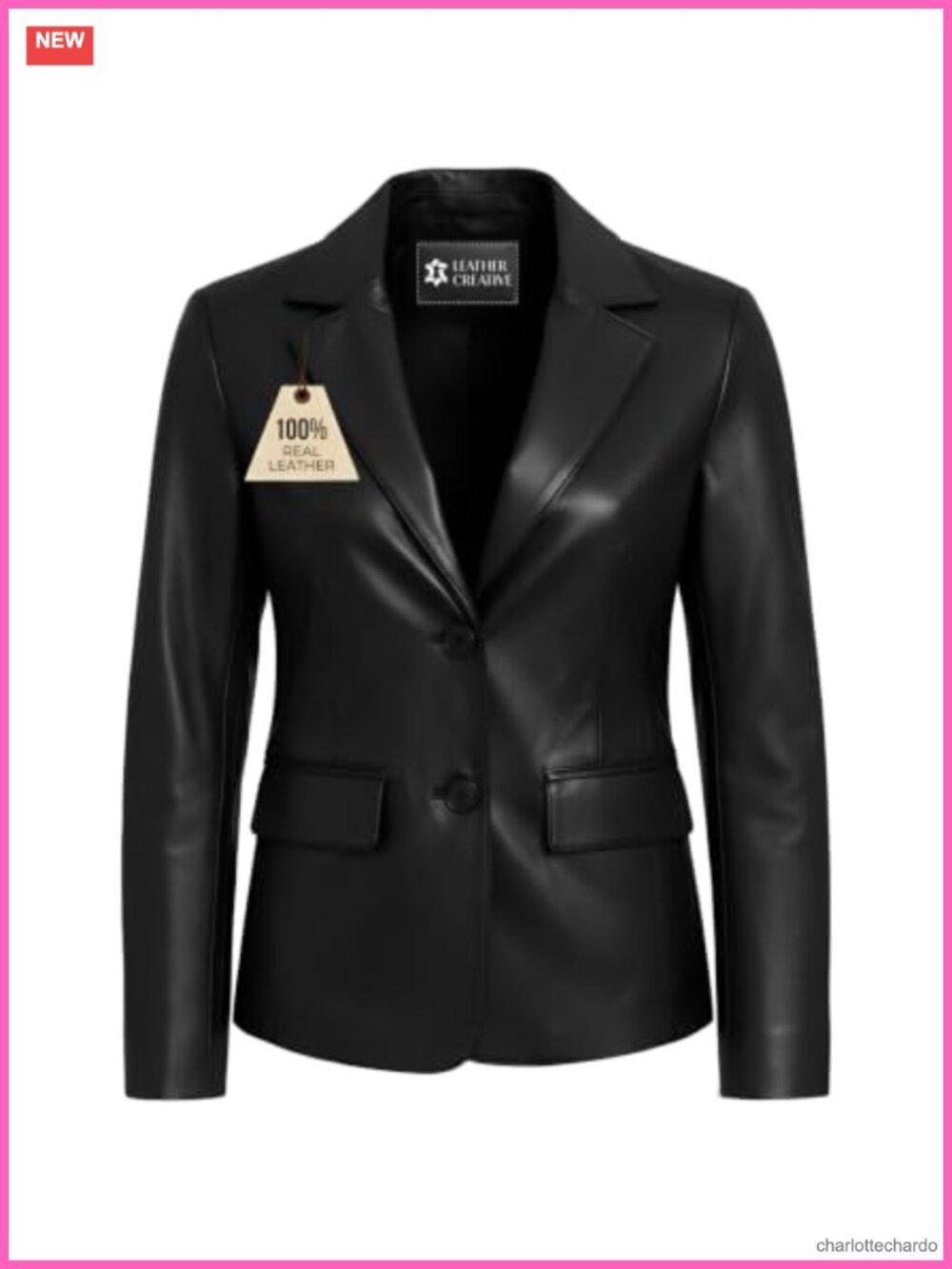 Lambskin Leather Blazer Notched Lapel Long Sleeve Flap Pockets Women